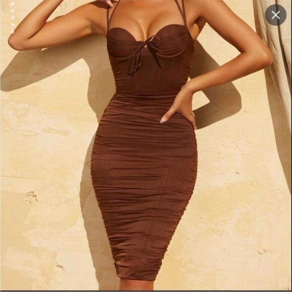 Oh Polly Batch A Brown Dress Size 0 Ruched Lined NEW - Picture 1 of 13